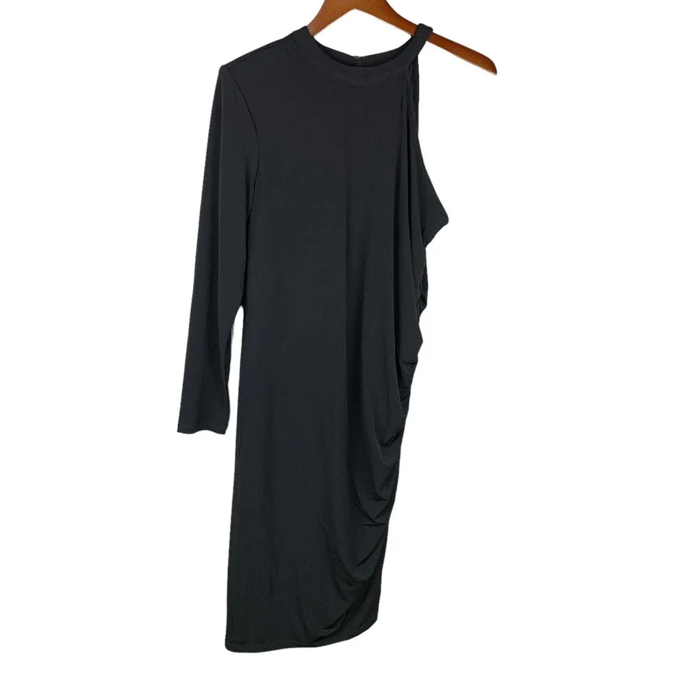 New Eloquii One Shoulder Black Dress Ruched Knee Length 16